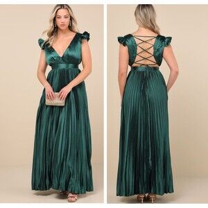 Lulus Exceptional Drama Emerald Satin Lace-Up Pleated Maxi Dress Size 1X Wedding